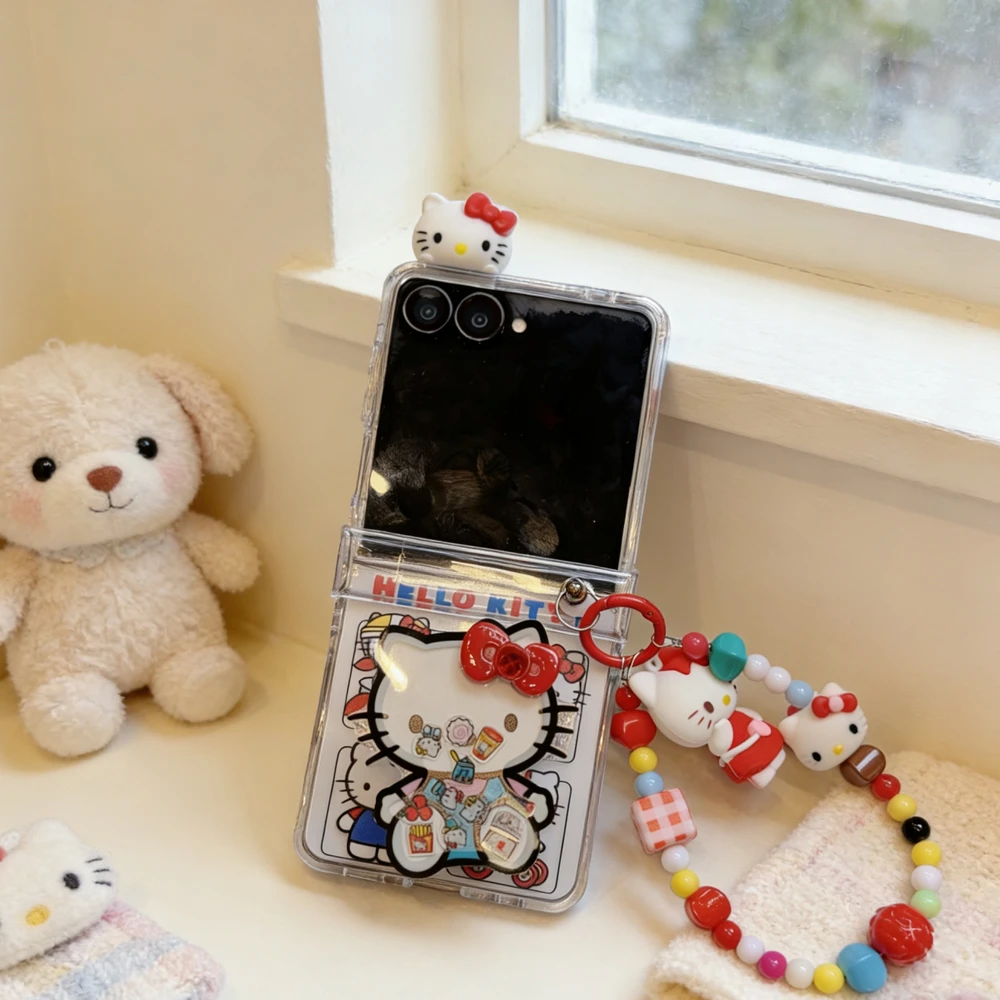 Cute Cartoon Sanrio Hello Kitty Stand Holder  Phone Case For Samsung Galaxy Z Flip 7 6 5 4 3 Case Hard TPU Cover With Lanyard