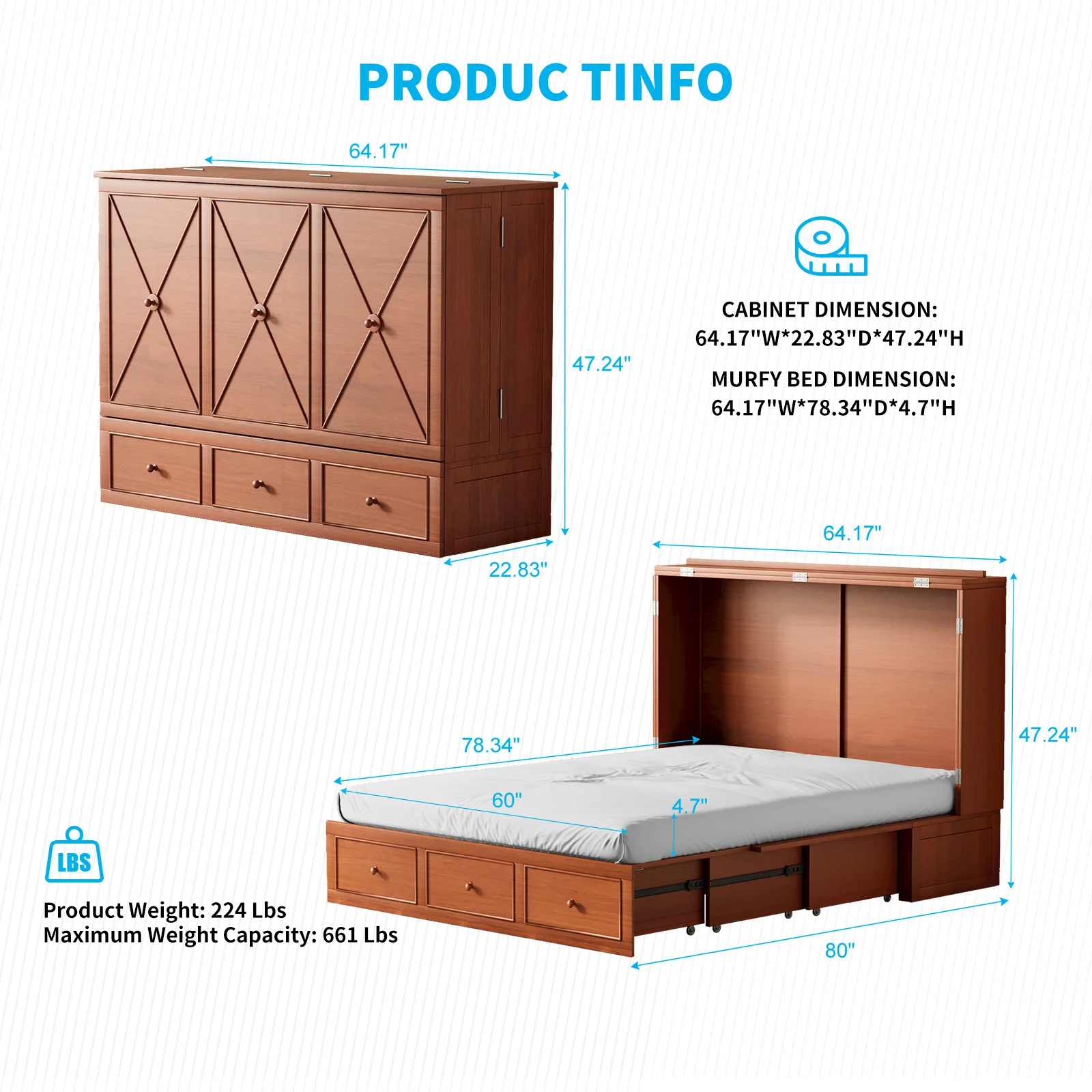 Murphy Bed with Foldable Mattress,Modern Cabinet Bed with Storage Drawer & USB Charging Station, Solid Wood Cube Cabinet Bed