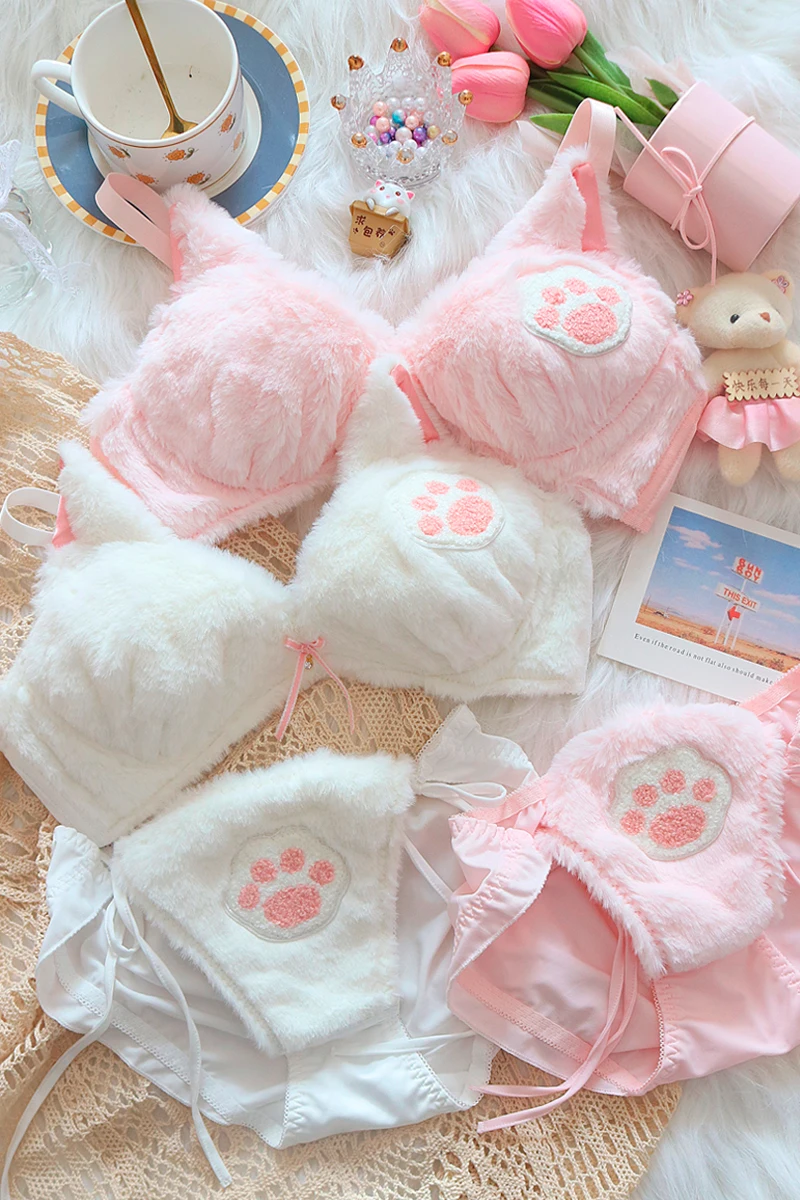 الشتاء القط باو أفخم الملابس الداخلية النساء مريحة البرازيلي واللباس الداخلي مجموعة لطيف اليابانية فتاة الأذن الحلو لوليتا الملابس الداخلية مجموعة