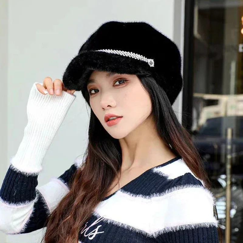 Winter Hat For Women Fashion Faux Fur Fluffy Duck Tongue Hat Female Warm Ear Protection Hats Outdoor Thicken Wind Snow Caps