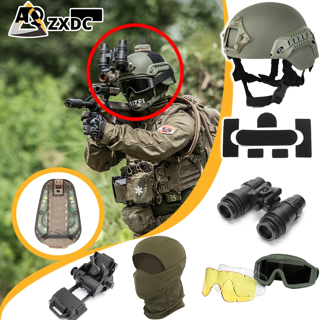 MICH Airsoft helmet with Flashing signal light, Full goggles for tactical operations game, Telescope model+L4G24, Balaclava