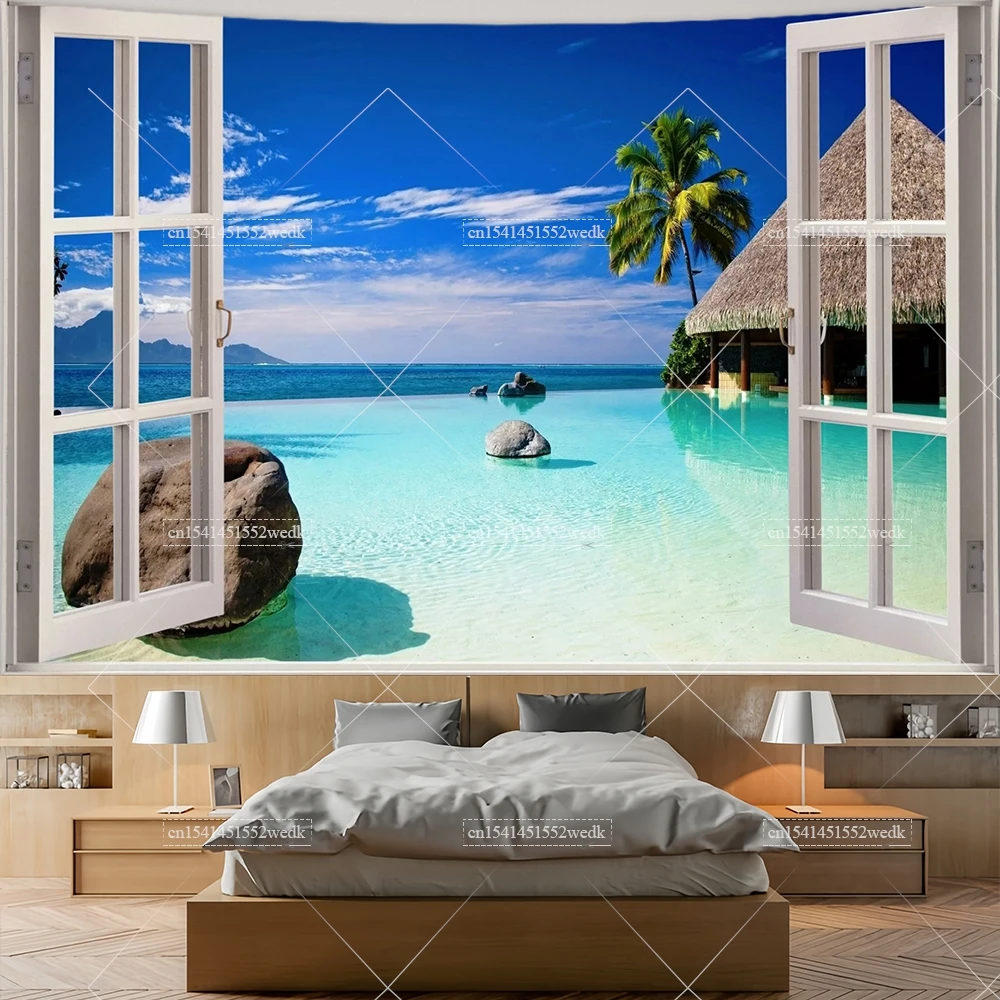 Forest Window Tapestry Wall Hanging Nature View Sea Landscape
