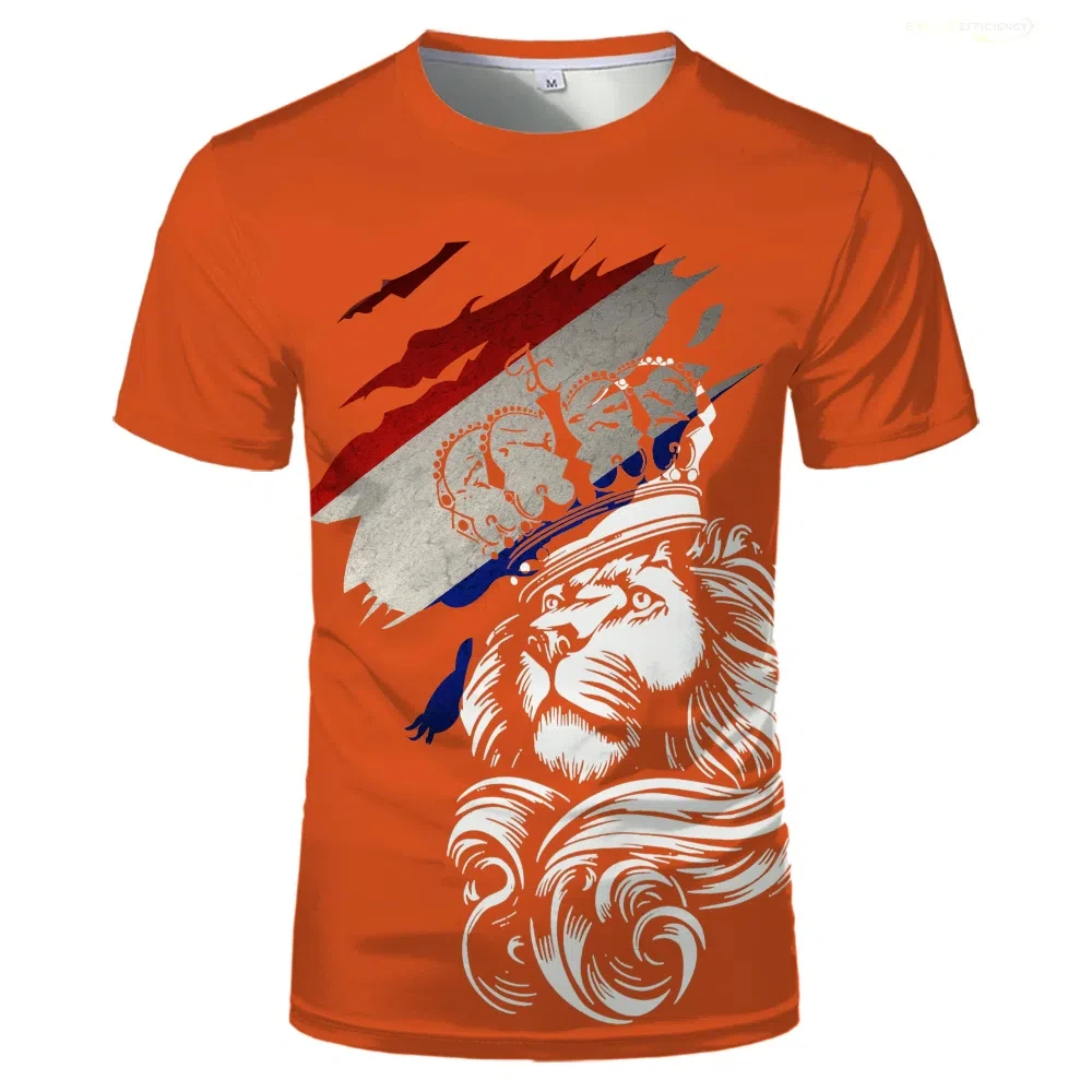 

Fashionable, loose, casual round neck short sleeved unisex T-shirt, 3D printed Dutch national flag and emblem, suitable for King
