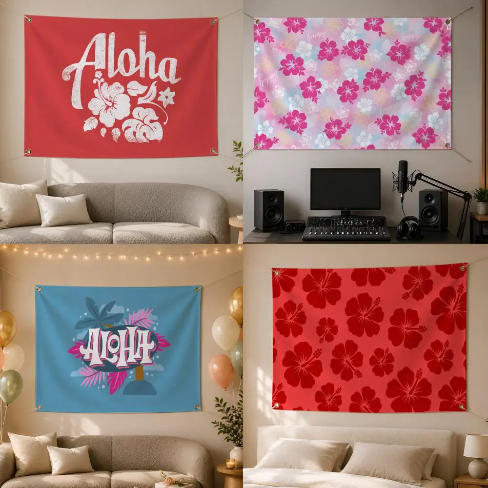 Aloha Hibiscus Design Flags Wall Hanging Flag Banner for Bedroom Dorm Living Room Party Festival Camping Indoor Outdoor Decor