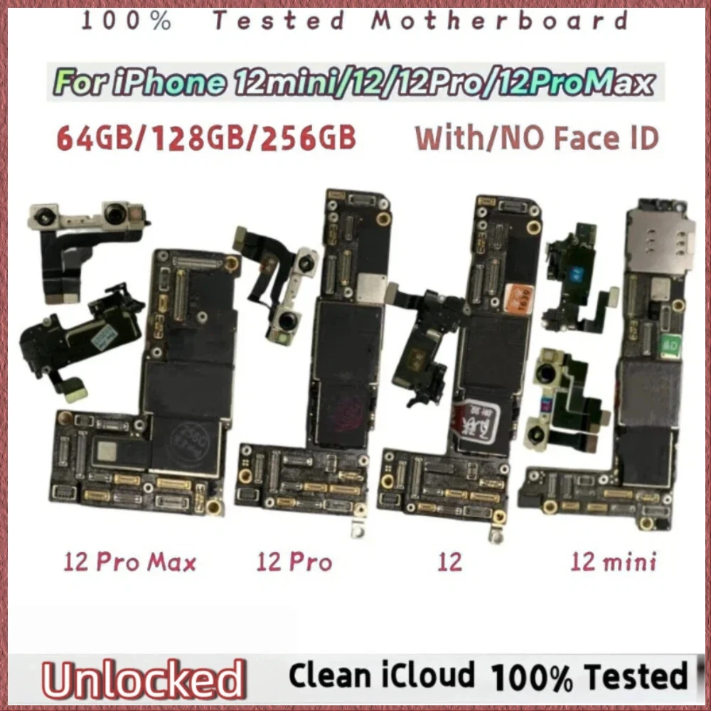 Tested Authentic Unlocked Mainboard For iPhone 12 Pro Max Motherboard With Face ID For 12 mini 12 Pro Cleaned iCloud Logic Board
