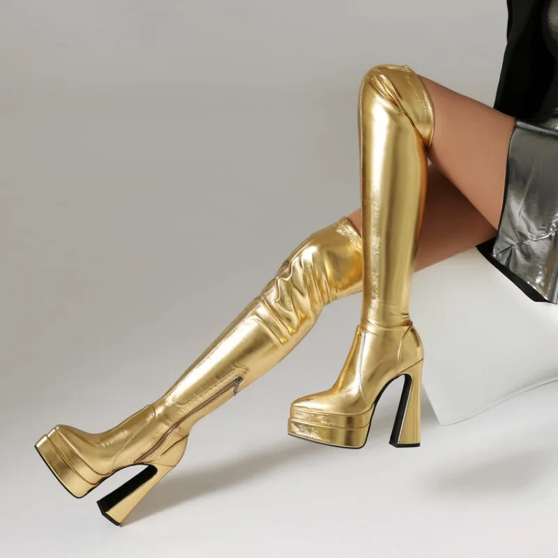 New Gold Silver 14.5cm High Heels Over Knee Boots Women Fashion Steel Tube Pointed Waterproof Platform Long Boots Rozmiary 34-43