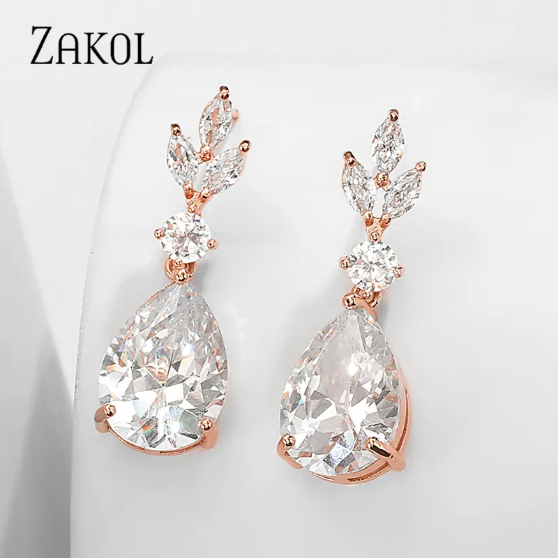 Kolczyki wiszące ZAKOL Fashion Water Drop AAA z cyrkoniami sześciennymi dla kobiet, białe, w kształcie liści, biżuteria ślubna, sprzedaż hurtowa prosto od producenta FSEP2500