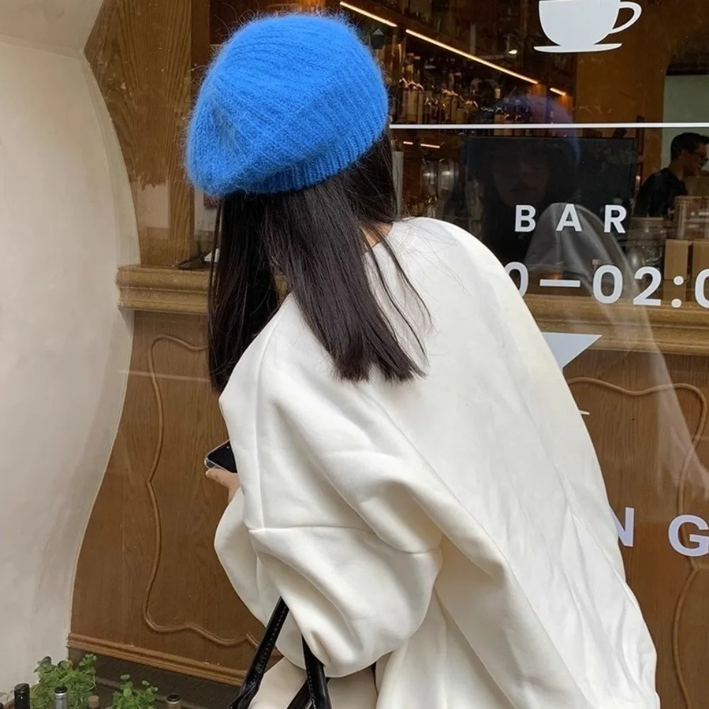 

Casual Wool Mohair Beret Solid Color Big Head Circumference Knitted Beanie Cap Korean Style Versatile Painter Hat Streetwear