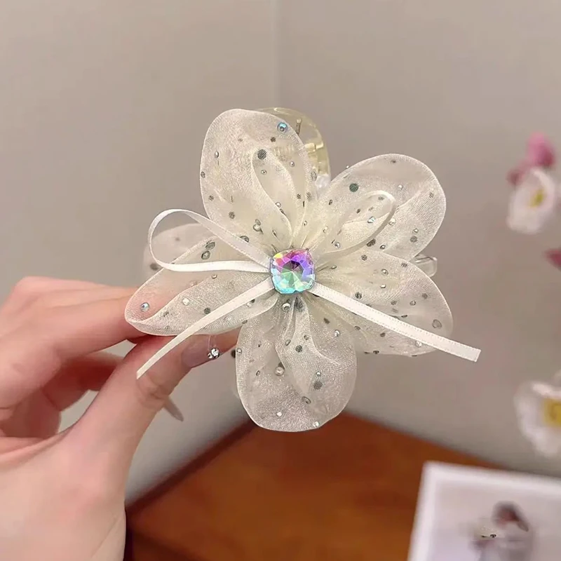 Bowknot Mesh Ribbon Flower Shark Clip Temperament Versatile Shark Clip Rhinestone Hairpin Ponytail Clip Hair Accessories