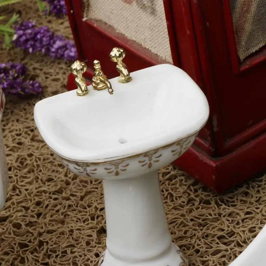 Ceramic Dollhouse Bathroom Set Miniature Bathtub Toilet Sink Mirror 1 12 Scale for DIY Mini Home Decorations