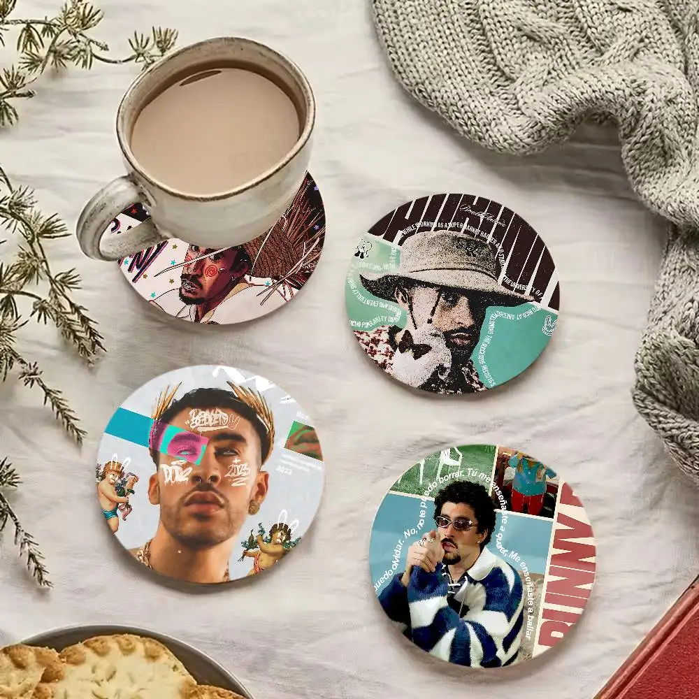 Popular B-Bad B-Bunny Singer Retro Wooden Cup Mats Elements Colour Printing Cup Coasters Home Kitchen Decora Gifts