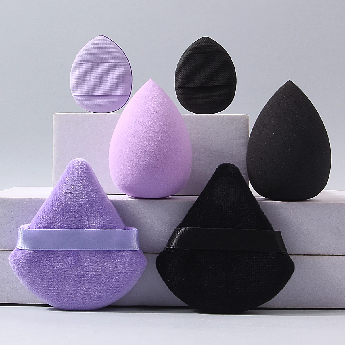 مجموعة من 6 قطع من إسفنجة المكياج فائقة النعومة: إسفنجة بودرة غير لزجة على شكل بيضة + نفخة مسحوق على شكل مروحة/نفخة مسحوق صغيرة