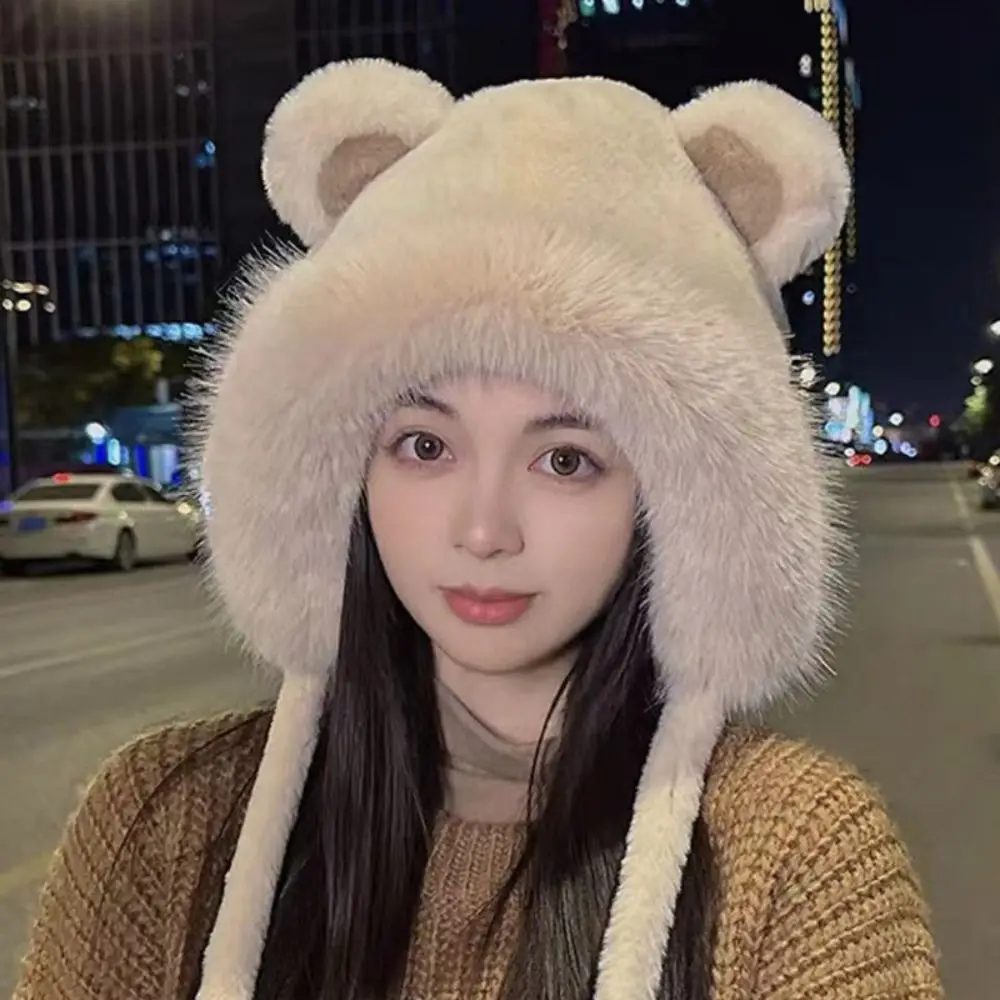 

Fashion Korean Cute Bear Ear Hat Warm Plush Faux Fur Bucket Hat Outdoor Ear Protection Women Fluffy Hats Lady