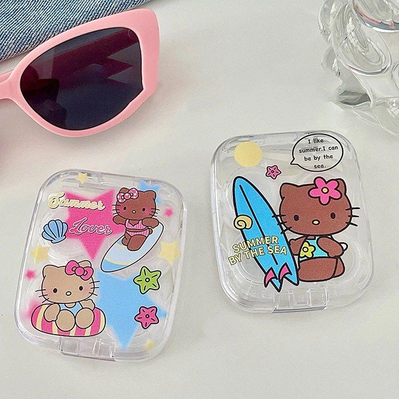 Summer Black Skin Hello Kitty Contact Lens Case Cartoon Cute Sanrio Kt Cat Portable Contact Lens Box Girls Travel Gifts