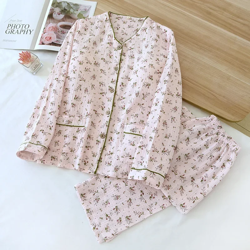 

2025 New Spring and Autumn Women's 100% Cotton Long Sleeve Two Piece Pajama Set Crepe Cloth Home Clothes with Chest Mat