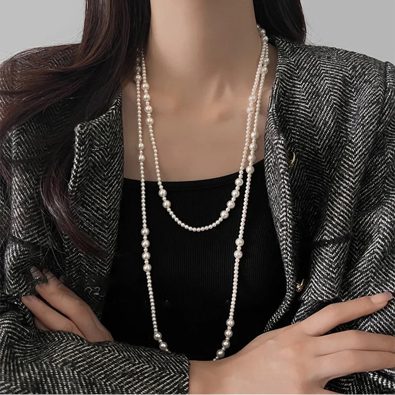 

Vintage Long Multi Layered Pearl Necklace Women Temperament Collar Chain Sweater Chain Necklaces Luxury Jewelry Birthday Gift