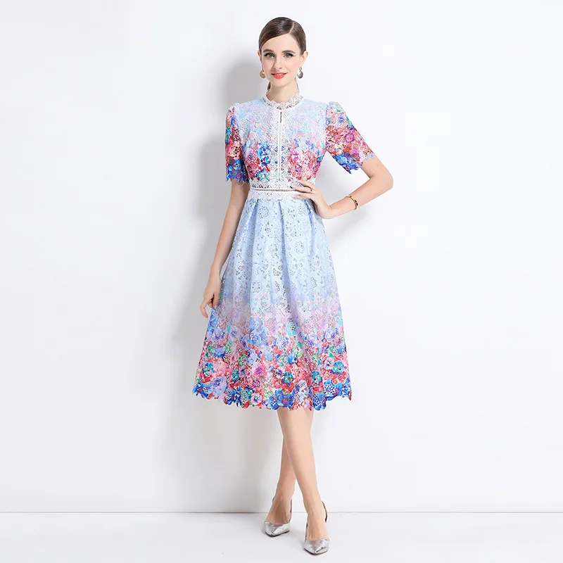 Elegantes formelles Kleid mit Ausschnitt, wasserlösliches Spitzenkleid für Damen, kleiner Stehkragen, kurze Ärmel, Blumendruck, schicke Akzente, Dress2025