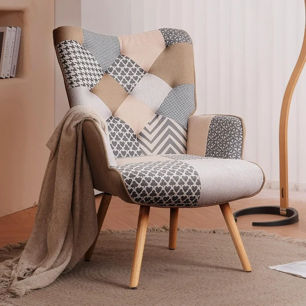Living Room Accent Chair Modern High Back Arm Chair, Grey Plaid Chairs for Bedroom Waiting Room