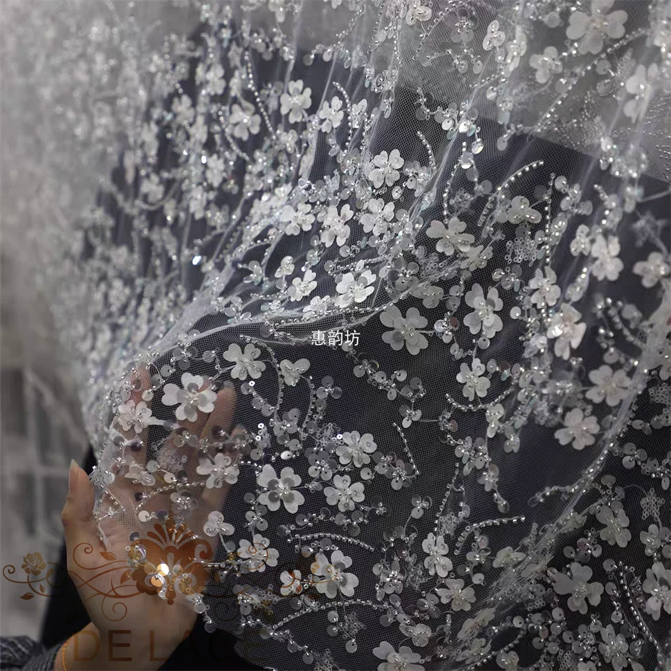 HYF New Style Beaded 3D Flower Lace Fabric Exquisite Wedding Dress Shining Sequins Lace Fabric