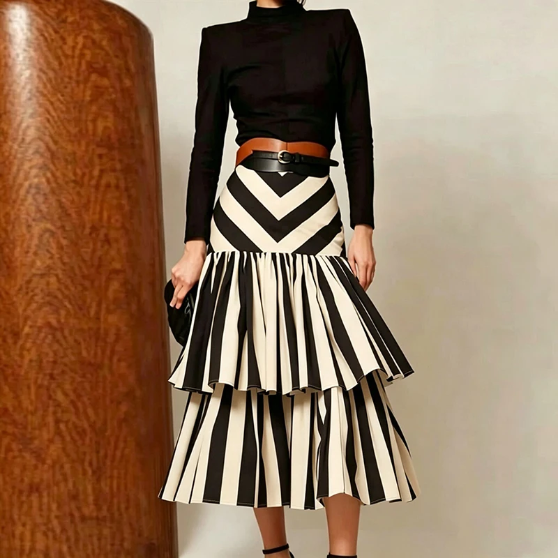 Summer High Waist Commute Cake Skirts Elegant Temperament Ladies Commute Half Skirts Fashion Color Blocked Layered Long Skirts