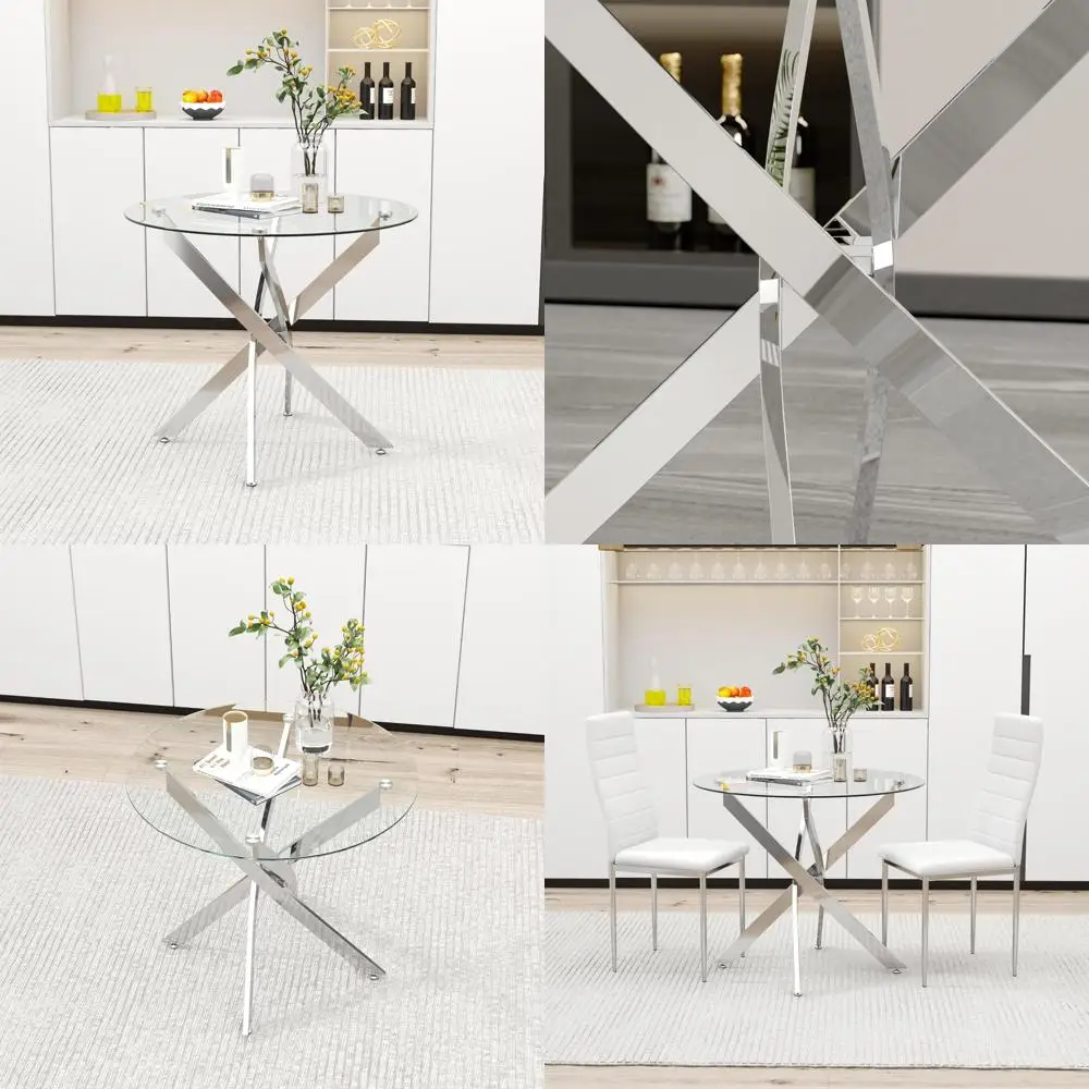 

Modern 32 Inch Round Glass Dining Table with Silver Legs for Apartments and Kitchens