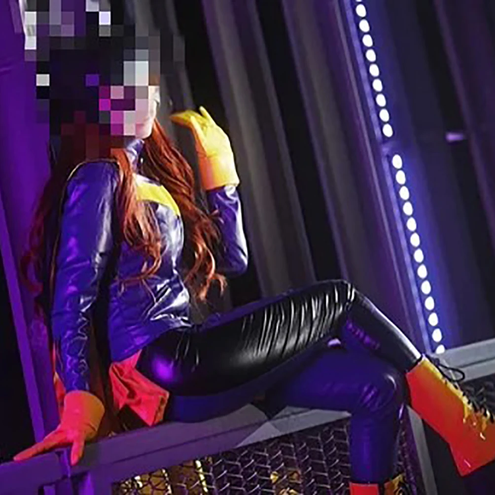 The Bat Gotham Knight Cosplay Kostüm Barbara Gordon Outfit Lila Kunstleder Overall mit Umhang Halloween Fancy Anzug