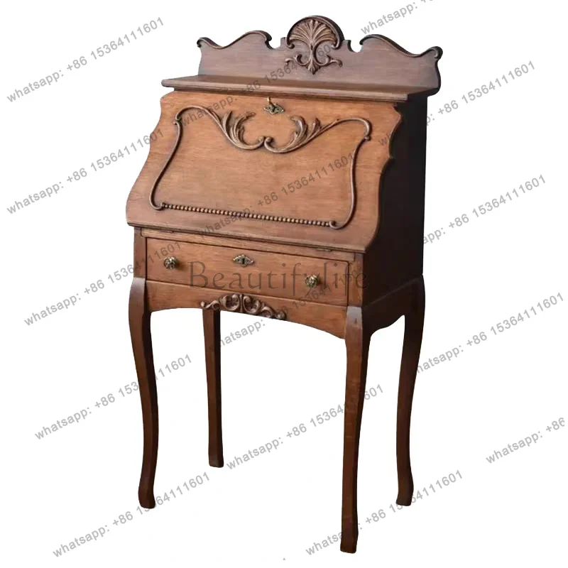

French retro solid wood carving flower desk bookshelf medieval flip dresser