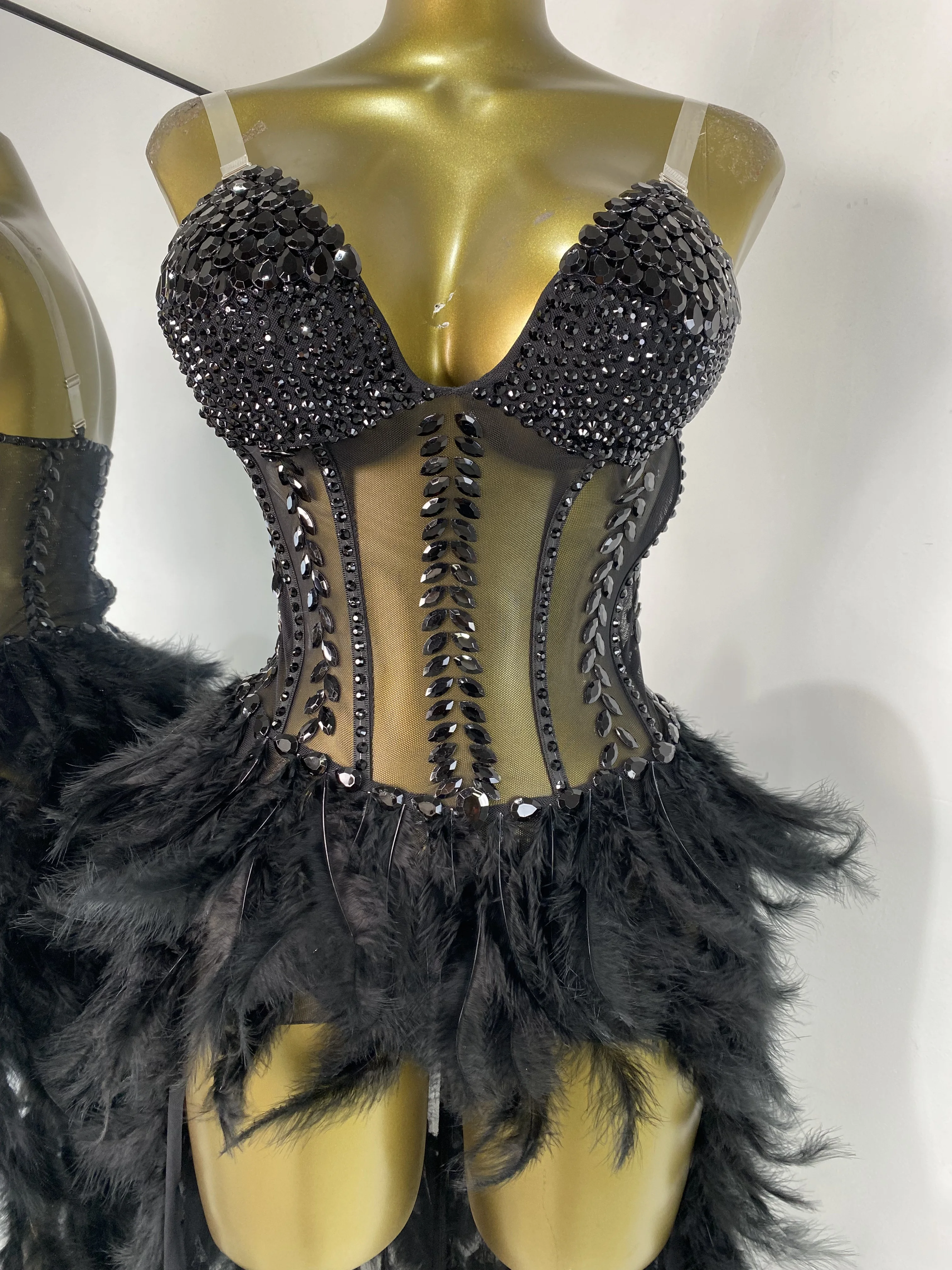 

Women Black Prom Gowns Sexy Deep V Neck Crystal Bustier Corset Bodysuit Feather Dress Short Front Long Back Dancer Stage Costume