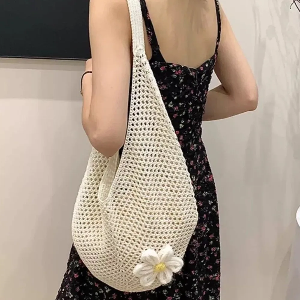 

Сплошная вязаная сумка на плечо, большая вместительная богемная вязаная крючком сумка-тоут, универсальная повседневная тканая сумка с цветочным принтом