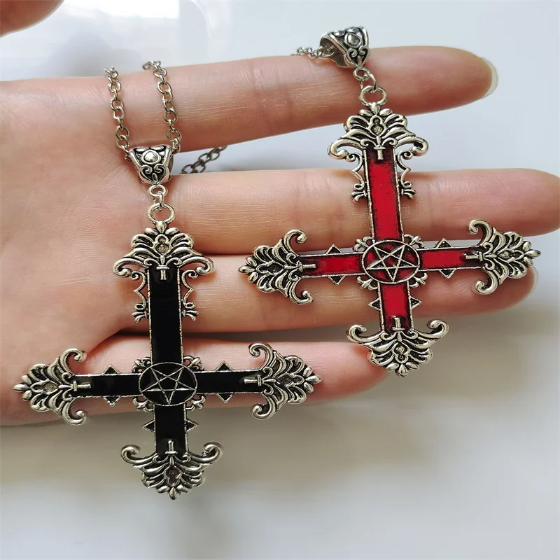 Indie GoIndie Gothic Enamel Inverted Upside Down Cross Pendant Necklace Vintage Gothic Satanic Pagan Wiccan Druid Occult Jewelry