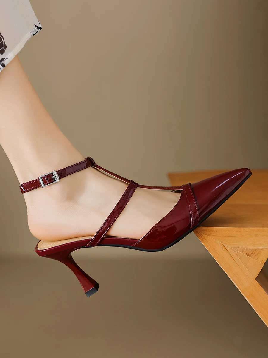 Women Split Leather Pointed Closed Toe Sandals Burgundy Black Apricot Ankle Strap Retro Thin Heels Party Shoes