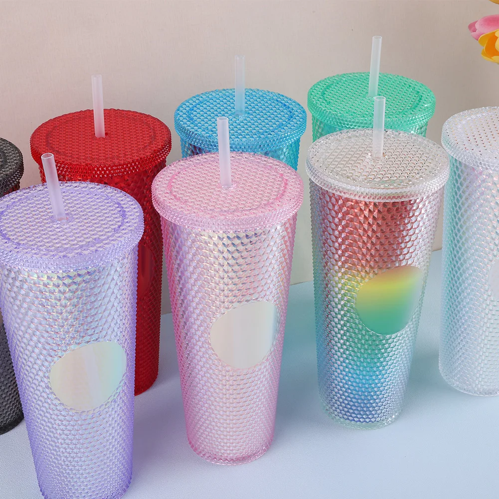 Double Wall 710ml 24oz Noctilucence Plastic Diamond Tumbler Bling Diamond Studded Straw Cold Cup With No Logo AB color