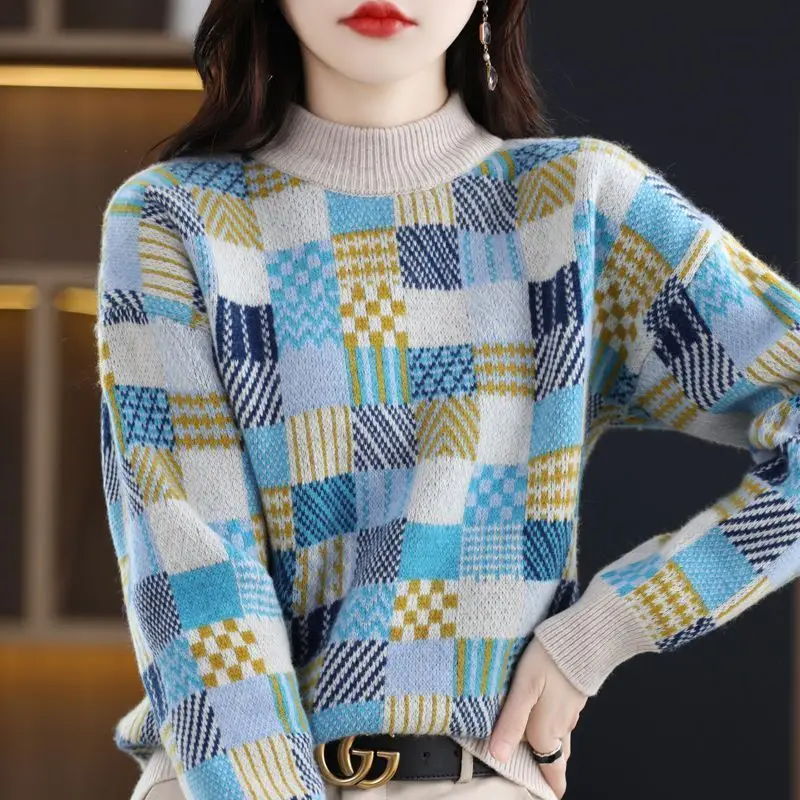 Korean Fashion Autumn Winter Sweaters Women\'s Mock Neck Plaid Contrast Color Thicken Long Sleeve Loose Pullovers Knitted Tops