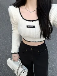 Casual Fashion Knitted Sweater Y2k Tops Cropped Pullovers Women Clothing Long Sleeve Bandage Square Collar Jumper Sueter Mujer