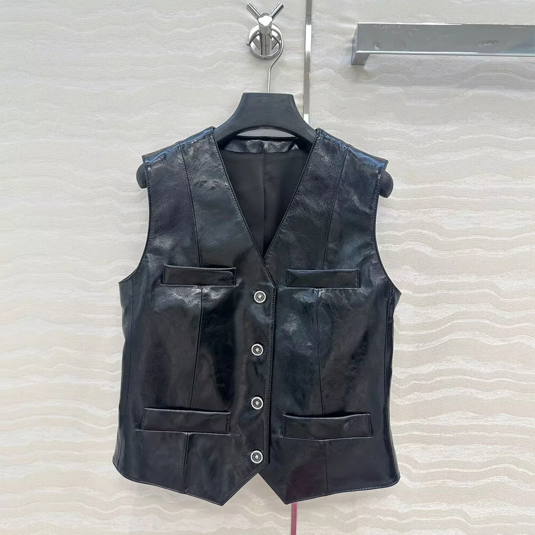 

2025 New Autumn Vintage Chic 100% Sheepskin Leather Tank Jacket Women V-neck Single Breasted Sleeveless Short Design Vest Coat