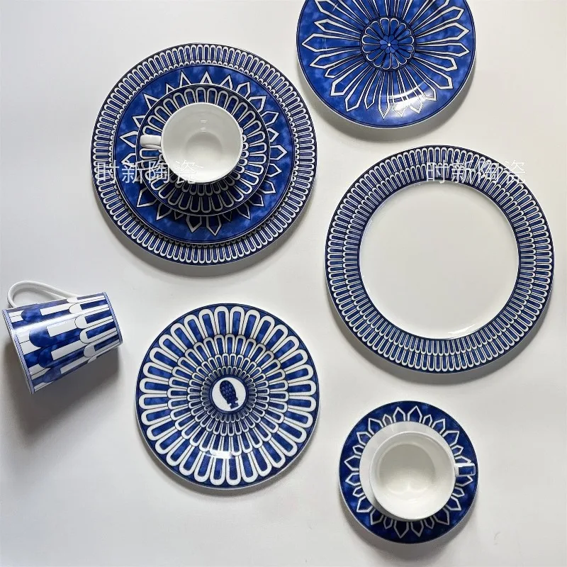

Bone China Western Plate Set Blue Seal Coffee Cup and Saucer Set Light Luxury High-end Restaurant Snack Plate Afternoon Tea