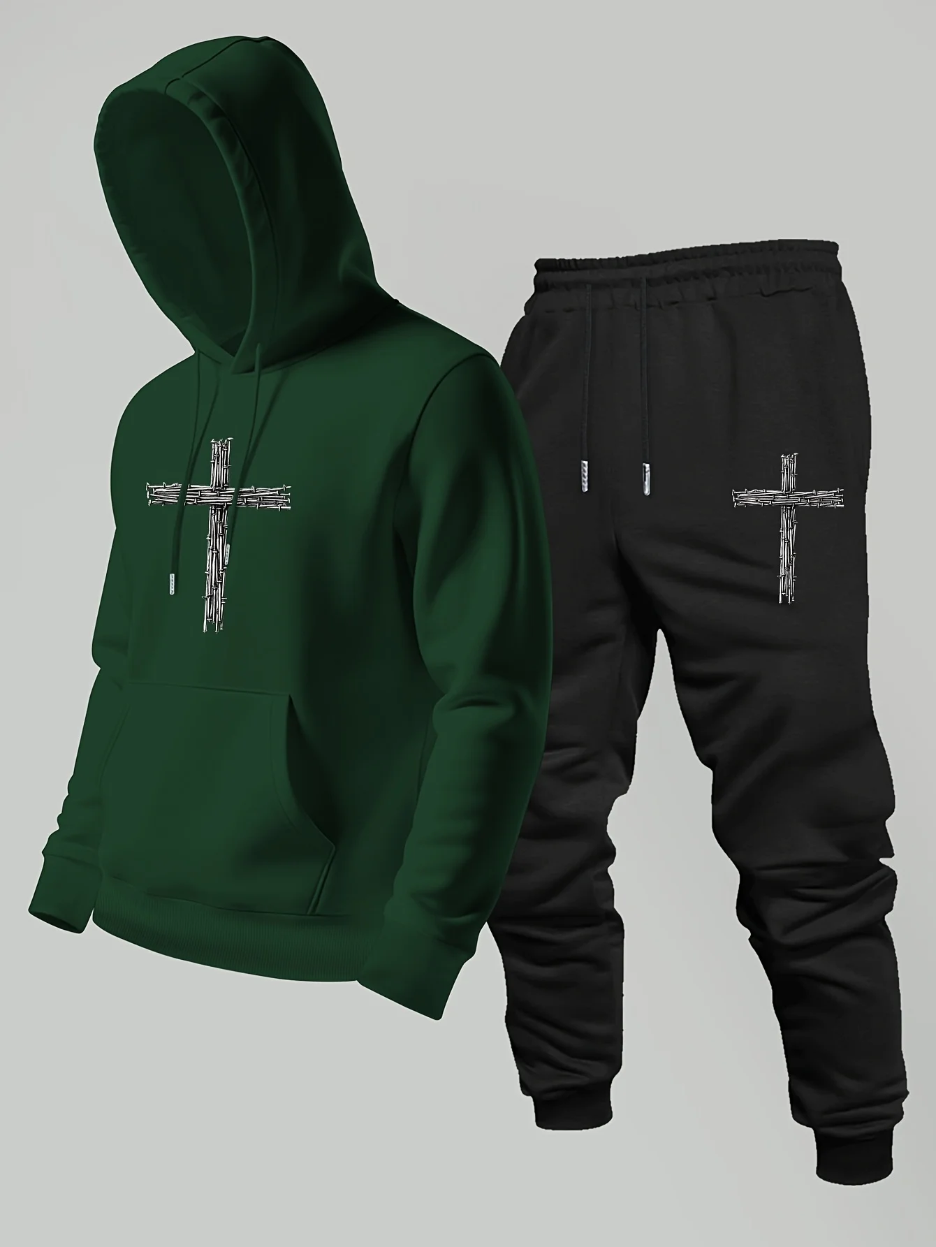 2026 Men Gothic Barbed Wire Cross Print Hoodie & Sweatpants Two Piece Set Oversized Streetwear Casual Tracksuit Sport Suit view 3