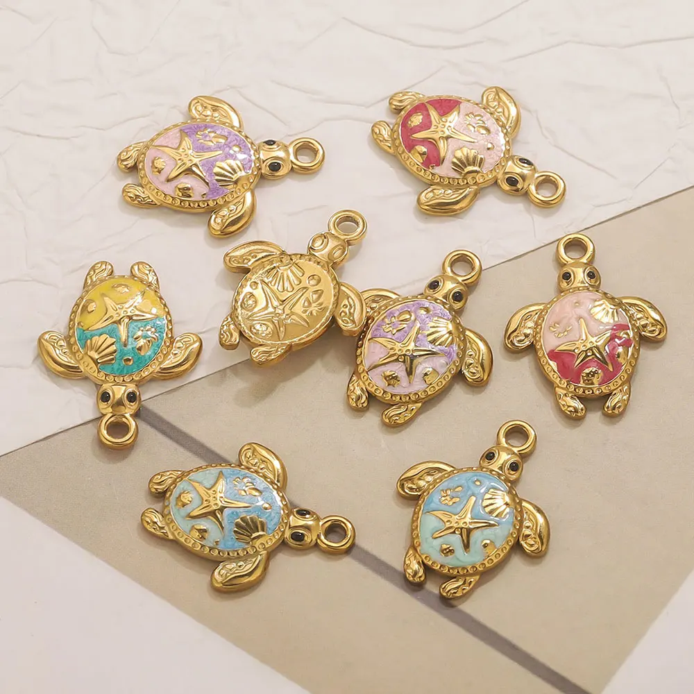 5 uds. De dijes de tortuga esmaltados en relieve de acero inoxidable, accesorios para hacer joyas, pulsera, collar, pendientes, llavero, Material