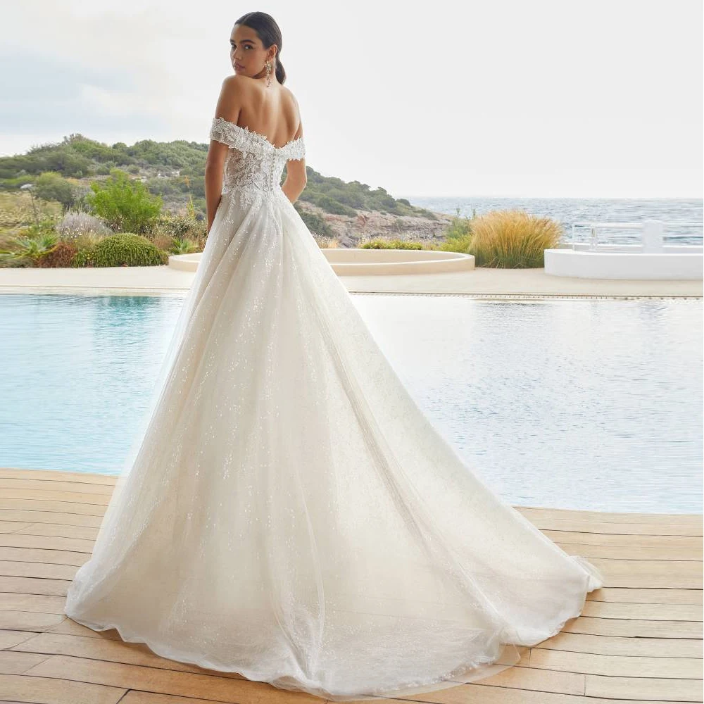 Customized Off Shoulder Sleeves Wedding Dresses V Neck Zipper Back Bridal Growns Applique Lace Floor Length New Vestido de novia