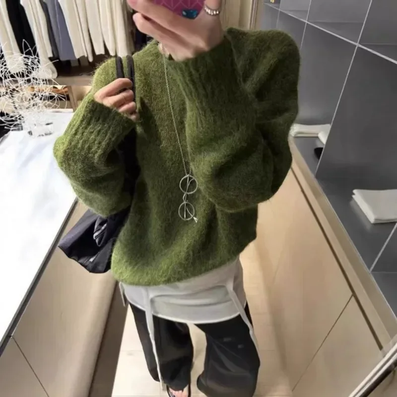 New Fashion Mohair Knitted Sweater Women O-Neck Long Sleeve Cashmere Pullover Autumn Winter Warm Solid Color Jumper Casual Top