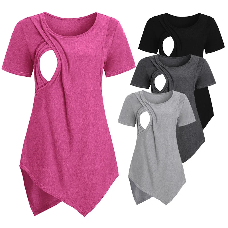 

Summer Maternity T-Shirt Women Soft Nursing Tops Short Sleeve Asymmetrical Pregnant Clothes New Females Breastfeeding Blouse