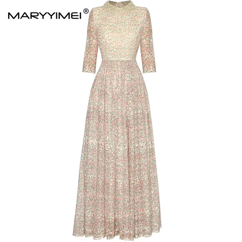 

MARYYIMEI Fashion Summer Women's Bohemian Holiday Dress Peter Pan Collar 3/4 Sleeve Beading Embroidery Floral Dresses