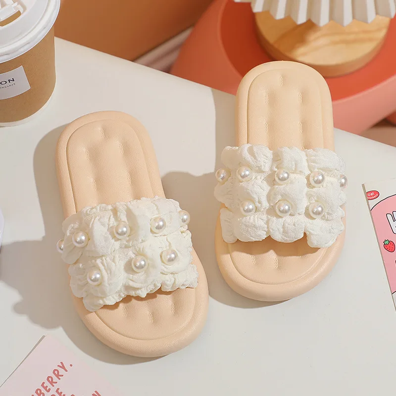 Princess Style Pearl Girls Slippers Soft Sole Breathable One Strap Slides Summer Indoor Outdoor Shoes For Little Middle Kids