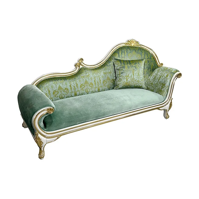 French fabric chaise longue, European solid wood beauty couch, green embroidered recliner, bedroom end pedal