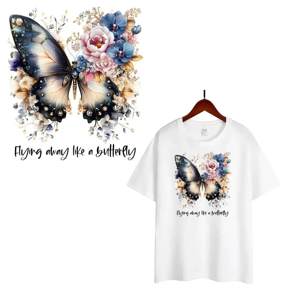 Flying Always Like A Butterfly Flower Heat Transfer Patches For Clothes DIY A-Level Washable T-shirts Iron-on Thermal Stickers