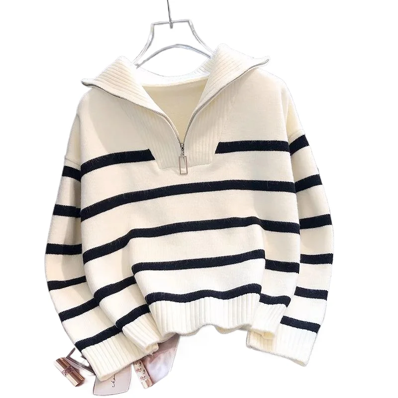 

Loose Stripe Knitted Sweater Spring Autumn Fashion Vintage Half Zipper Pullover Women's New Long Sleeve Casual Short Top