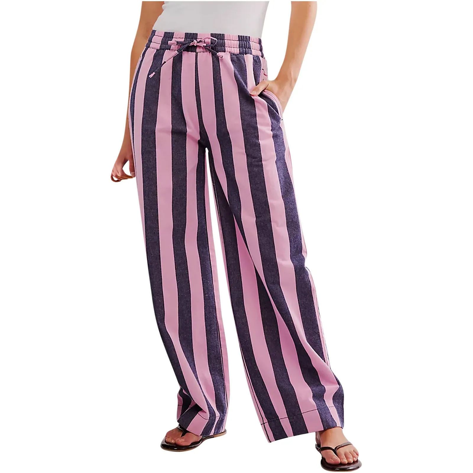 Women Striped Color Block Wide Leg Trousers