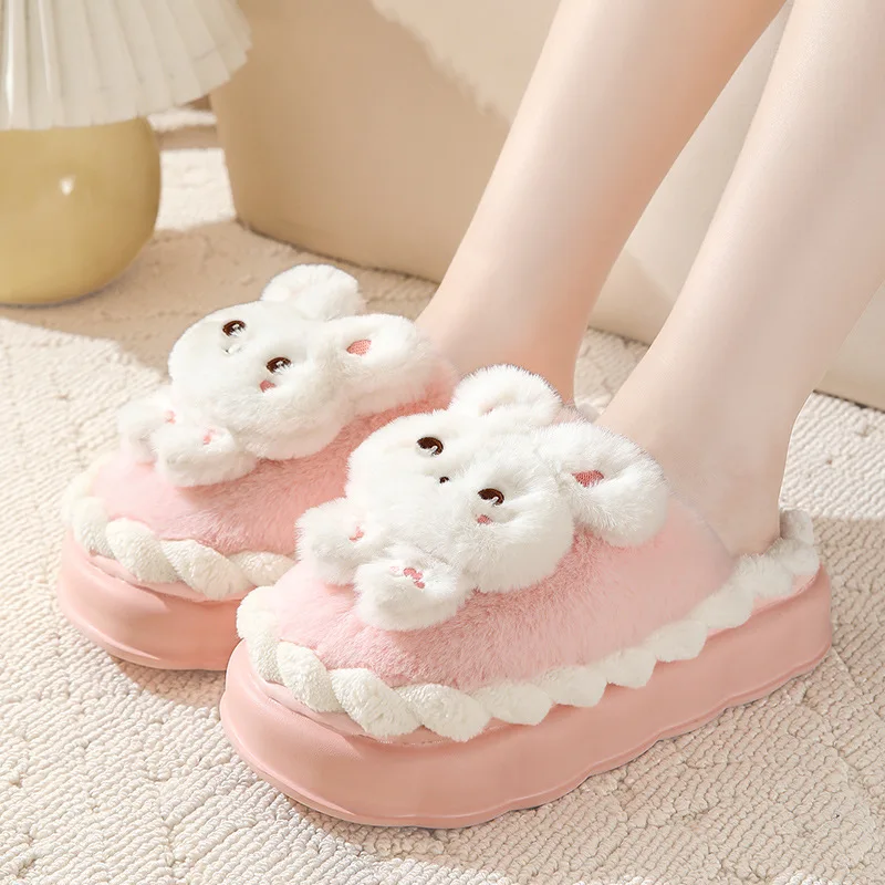 2024 New Cute Rabbit Winter Women Slipper Soft Heel Platform Fur Warm Indoor Comfortable Home Fluffy Home Slipper