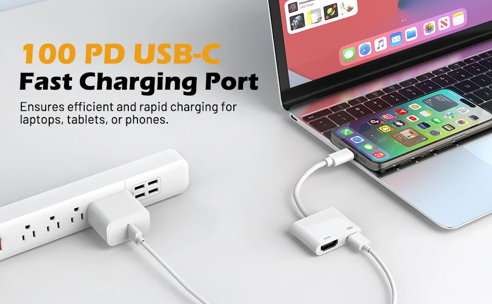 USB C to HDMI Adapter, Suitable for iPhone 15 to TV, 4K Synchronous Screen Connector Cable, Digital AV Adapter, 100W Fast Charge