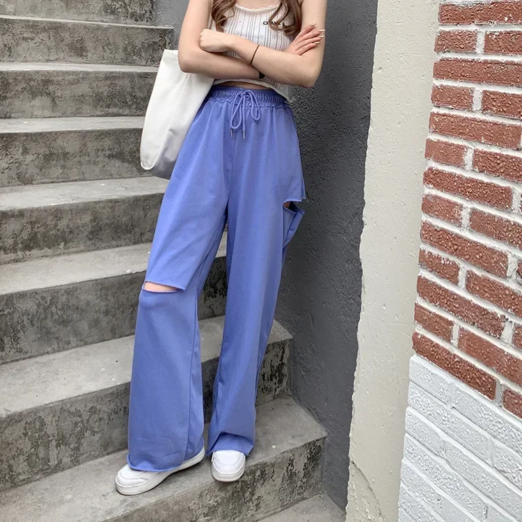

Pop High Waist Slimming Casual Pants Summer New Style Hole Punching Wide Leg Long Trousers For Women Street Fashion Ins Style